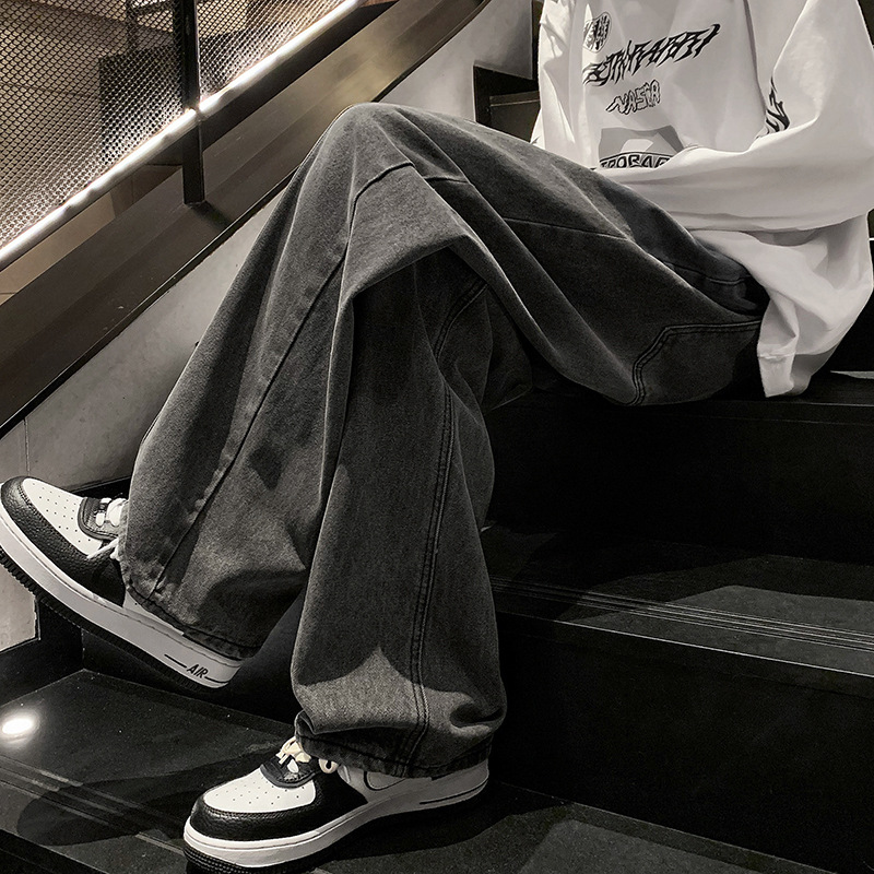 Retro distressed straight-leg jeans for men, stylish, loose, casual and simple, and wide-leg pants for teenagers