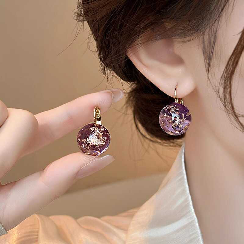 Purple transparent resin round ball tinted earrings, Korean style, high-end feel, sweet and fresh earrings wholesale details Picture