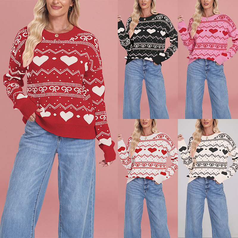 The new winter collection of European and American cross-border women's clothing in 2025, featuring heart-shaped sweaters, pullovers, large-sized Christmas casual jacquard knitted sweaters, is in vogue