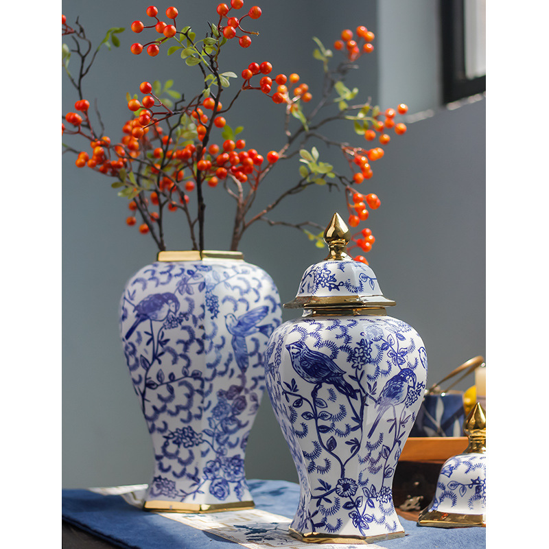 陶瓷花瓶中式高级感青花瓷六角将军罐客厅玄关摆件干花瓶家居软装花瓶摆件瓷器