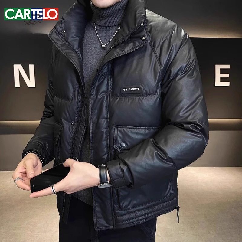 Xingmeng high-end down jacket for men, short stand-up collar pu leather top for winter, warm white duck down jacket for men Item Picture
