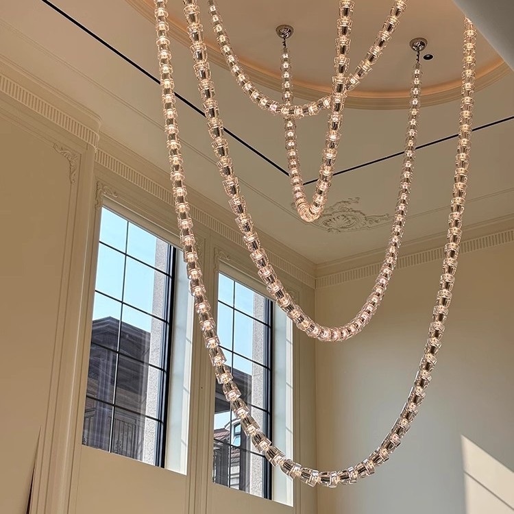 Light luxury villa duplex with a high ceiling living room chandelier, 2025 new designer loft apartment crystal necklace chandelier Application Scenario