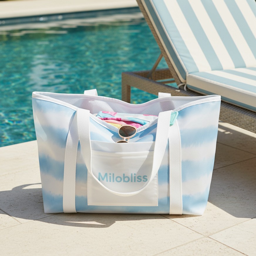 Customized Korean-style gradient striped Tote beach bag, seaside vacation hand-held swimming storage bag, surfing storage bag details Picture