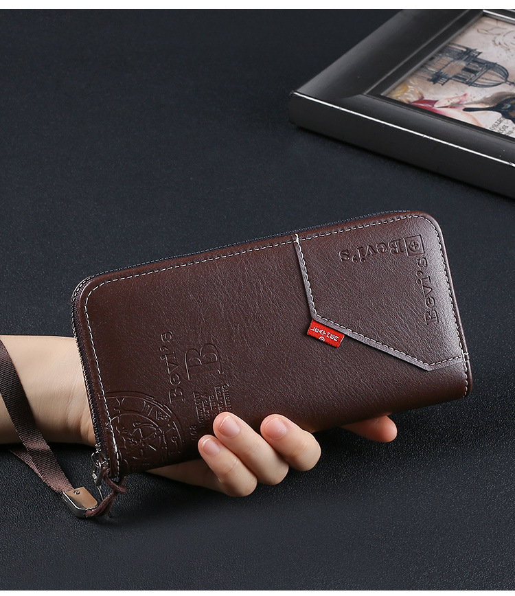 潮流男士多功能字母压花拼接手拿包复古拉链长款钱包青年款详情13