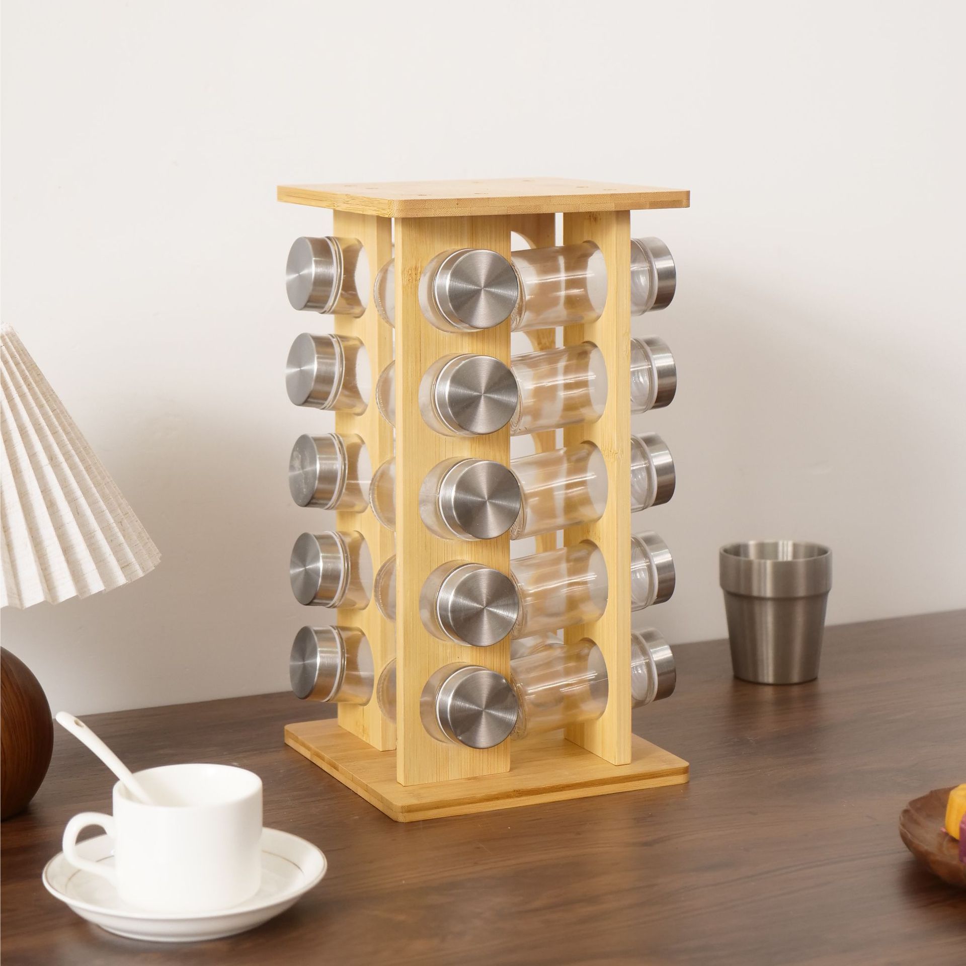 家用厨房台面多层调料架香料整理木架竹木多格杯子收纳架