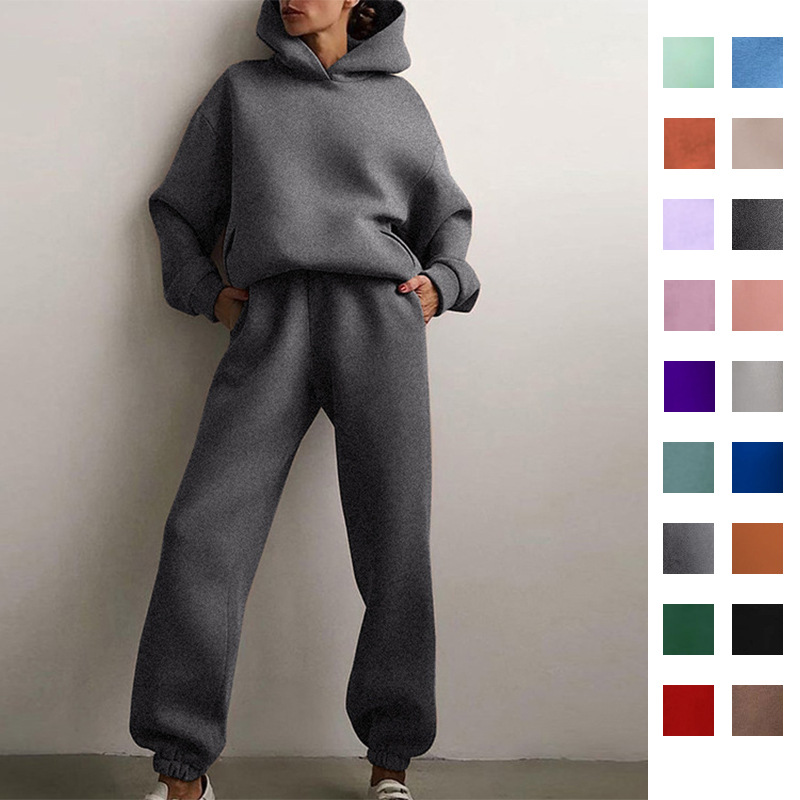 Spring 2025 Amazon European and American women's Clothing solid-color casual fashion long pants and thickened sports hooded sweatshirt set for women full figure