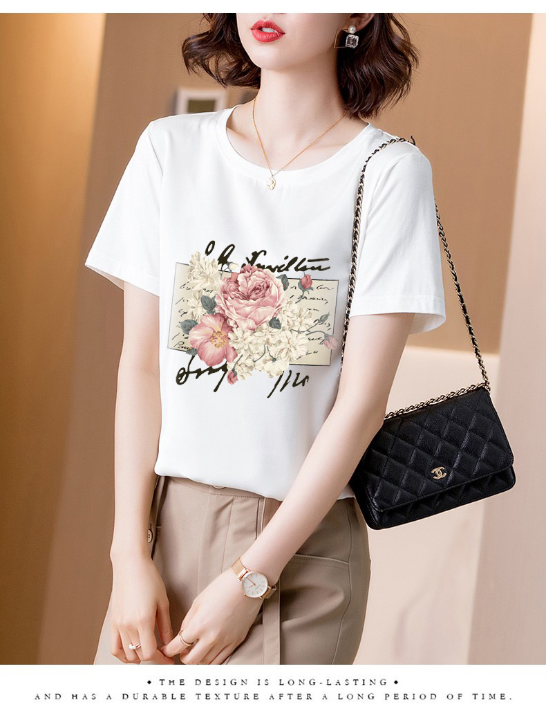 白色真丝t恤女2026夏宽松韩版百搭拼接棉小衫桑蚕丝短袖印花上衣详情11