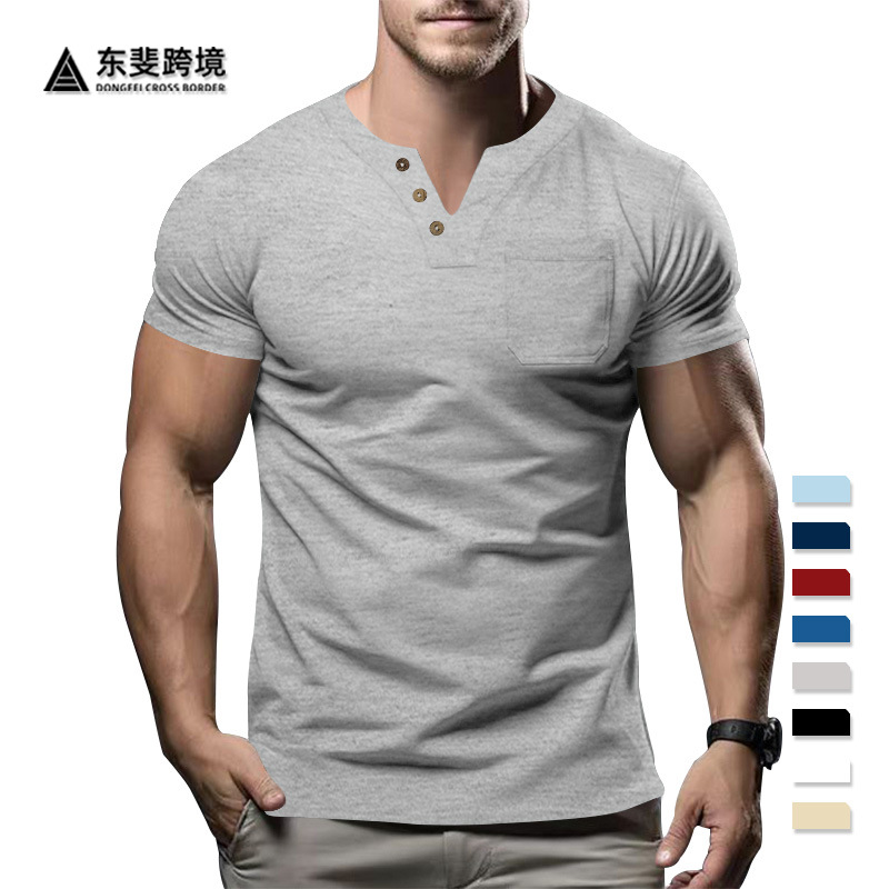 Temu Cross-border bestseller 2025 Summer New Men's Casual T-shirt with V-neck, fashionable and slimming short-sleeved top, trendy