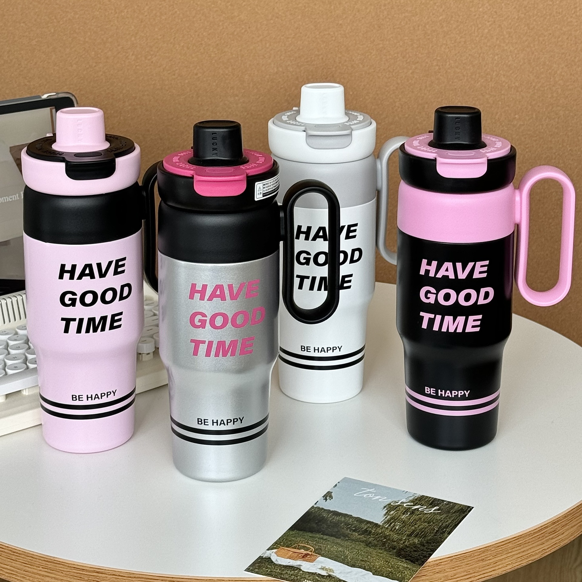 新款花语双饮保温杯女大容量冰霸杯学生高颜值茶漏不锈钢水杯子