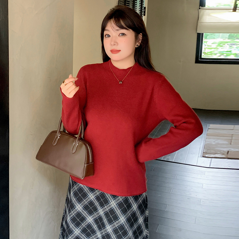 Pluse-sized women's semi-high-neck sweater, long-sleeved base layer for women, winter 2024, chubby girl mm, paired with a knitted sweater 22687 Specification image