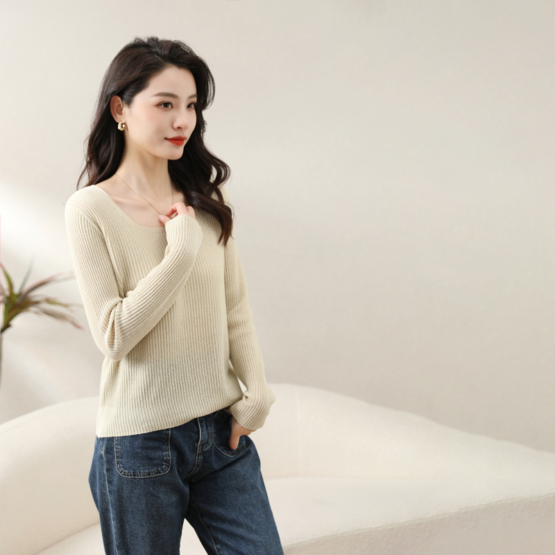 2024 New Inner Square Collar Knitwear Women's Pure Color All Korean Version Of Spring Upw Soft Waxy Cotton Linen Breathable Top Specification drawing