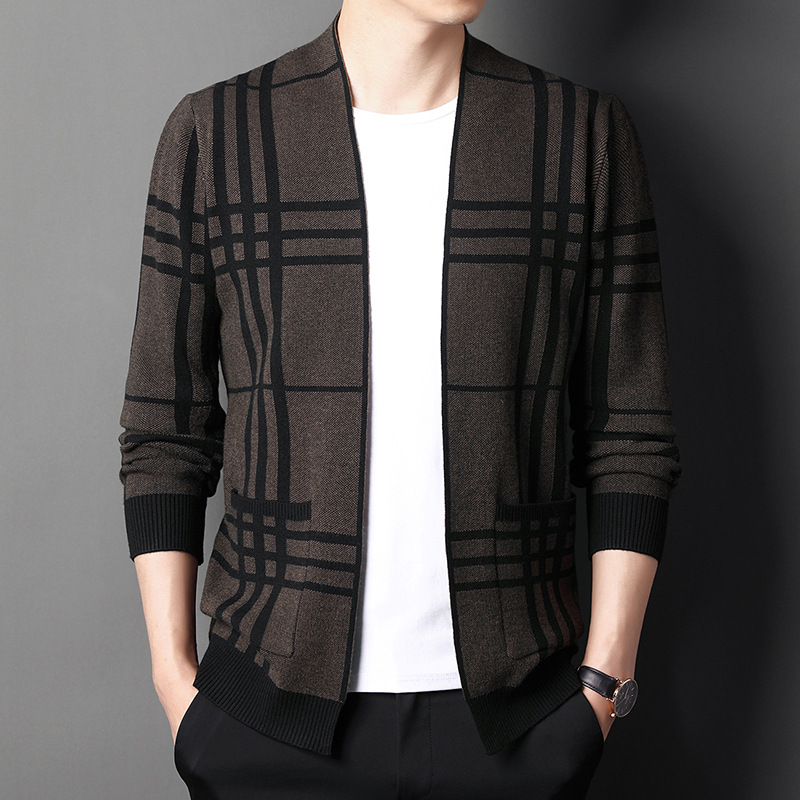 Spring and autumn new men's cardigan knitted sweater, trendy young men's wear, check fit, casual British sweater coat details Picture