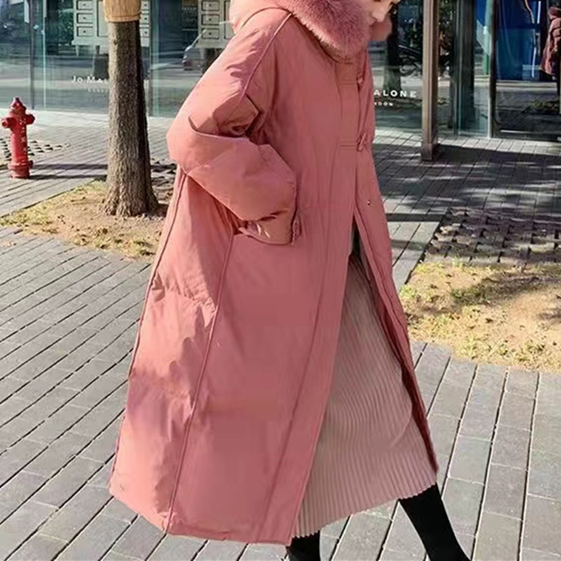 White duck down collar down jacket for women, long and knee-length 2022 new Korean version thickened slimming croissant bread jacket Specification image