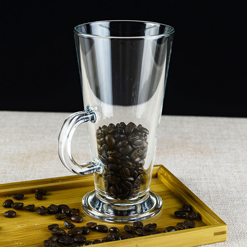 Wholesale of European-style lead-free tempered glass coffee cups, household milk cups, latte layered creative glass cups with handles details Picture