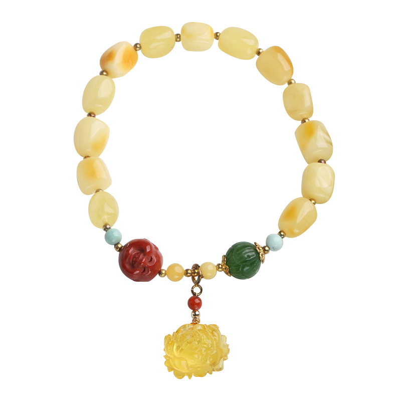 Natural beeswax figurine bracelet, hanging beeswax rose, Nan Hong Laughing Buddha, jade and turquoise retro jewelry for women Item Picture