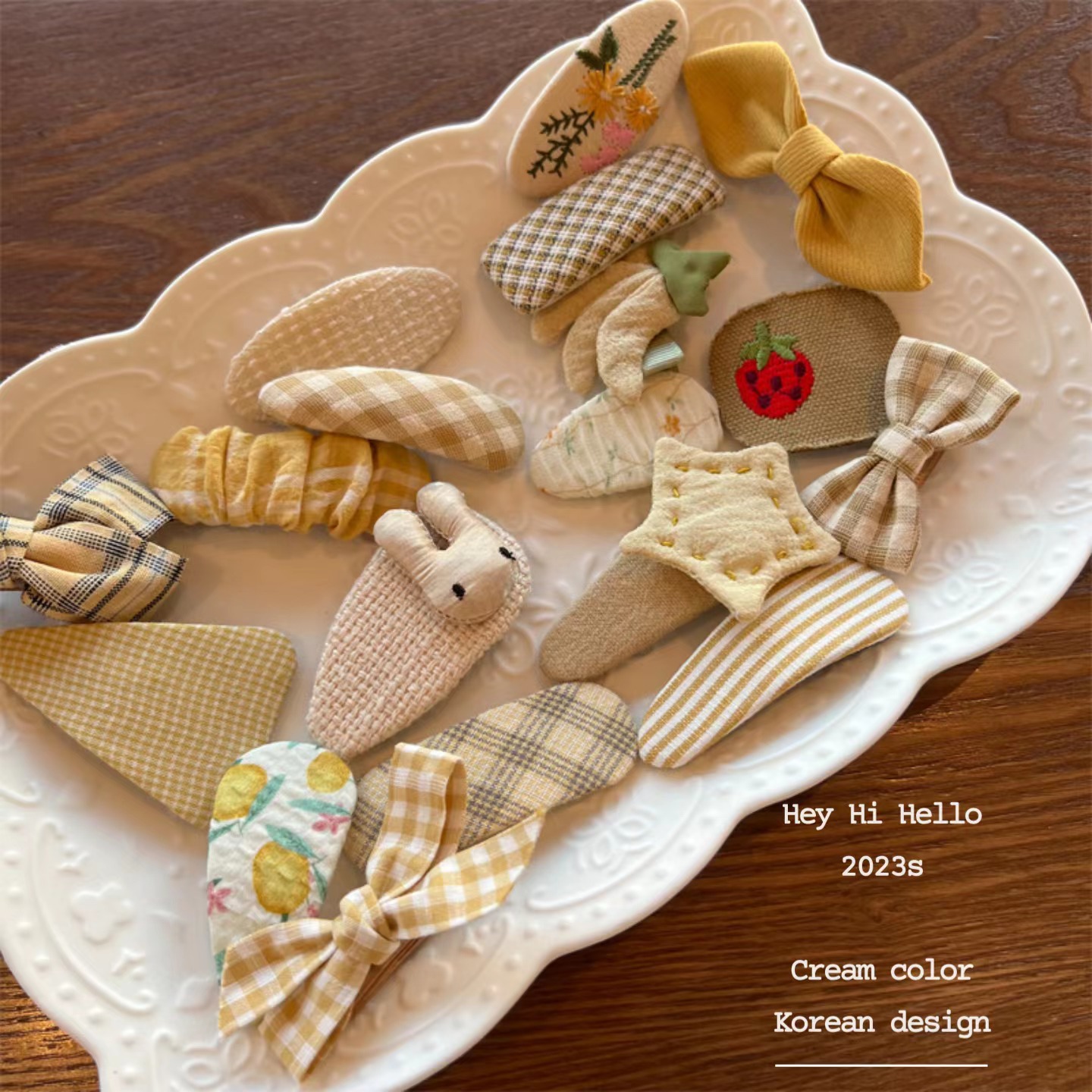 New cream-colored fabric girls' hair accessories from South Korea, bow, broken hair clips, checkered solid color bb clips, headwear and hair clips Specification image