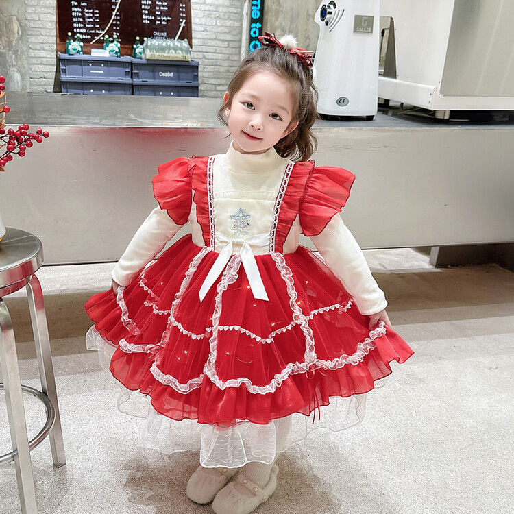 Niña vestido lolita 2023 otoño invierno nuevo estilo de las mujeres niños patchwork malla suéter princesa falda puffy al por mayor Specification image