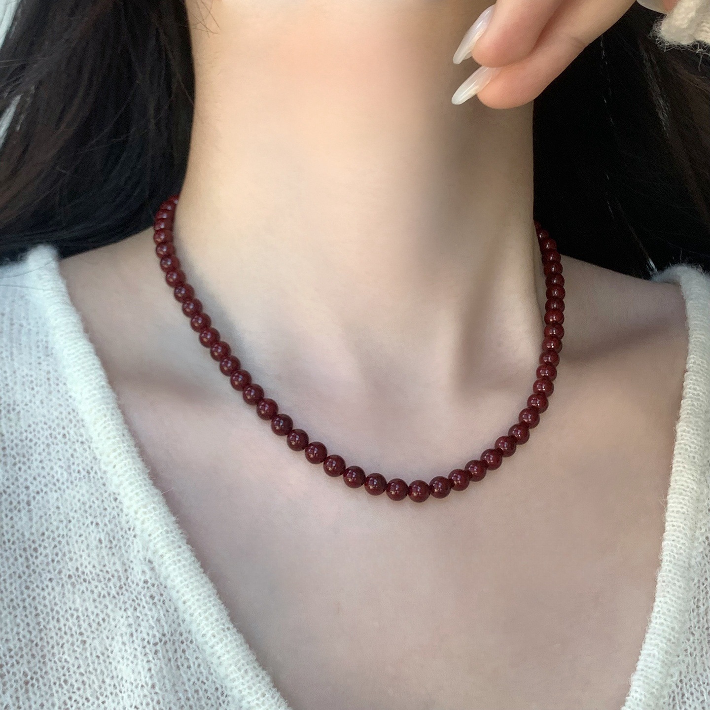 New Chinese-style Ankela red beaded necklace, natural agate beaded light luxury high-end autumn and winter versatile earrings and earrings pic 5