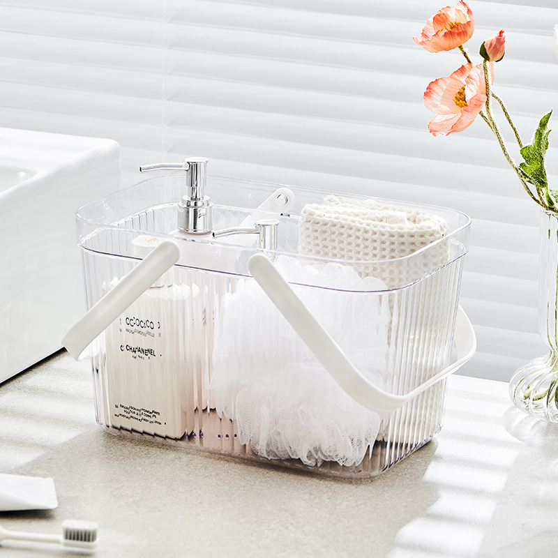 Light luxury transparent handle storage box, ins transparent PET desktop storage box, bathroom toiletry and bathing storage basket Specification image