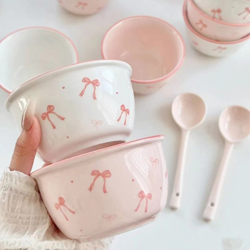 【四件套】蝴蝶结少女心陶瓷碗勺釉下彩高颜值餐具饭碗甜品碗
