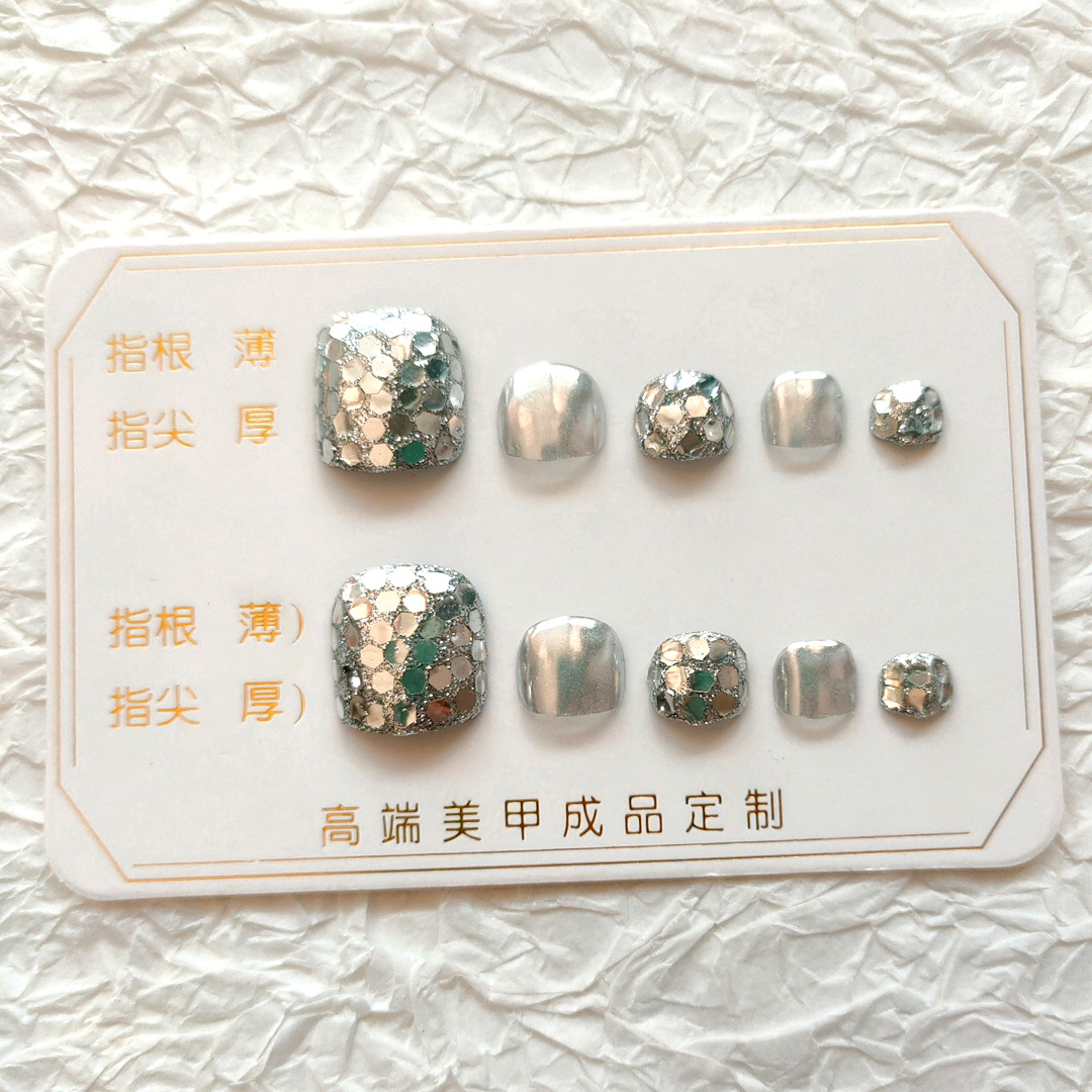 J54- Finished toenail products, Magic Mirror Powder nail art, handmade phototherapy fake toenail patches, glitter powder glitter pieces details Picture
