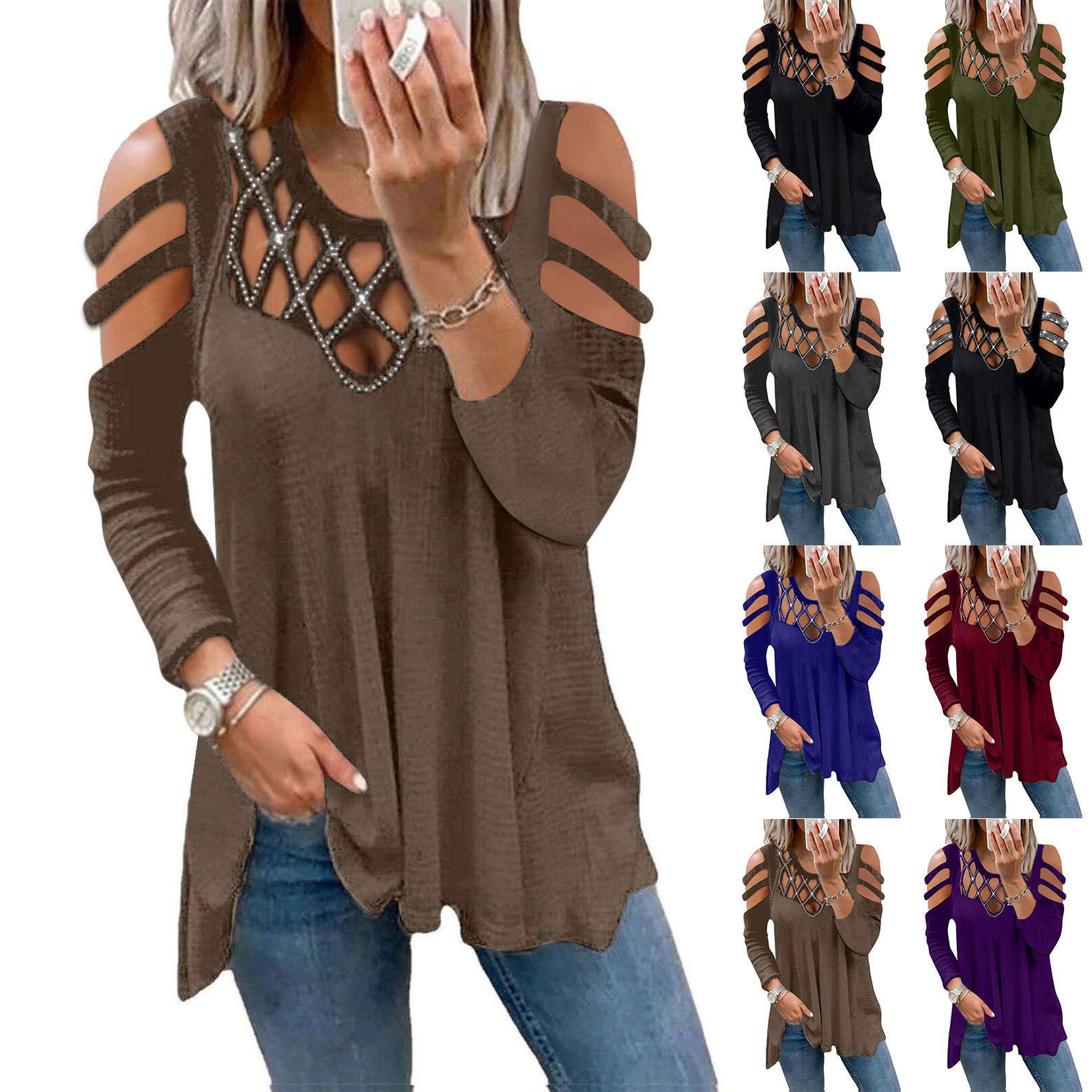 2022 Cross-border Autumn/Winter New independent Station fashion V-neck solid color off-the-shoulder cutout front chest hot diamond casual top women's T-shirt