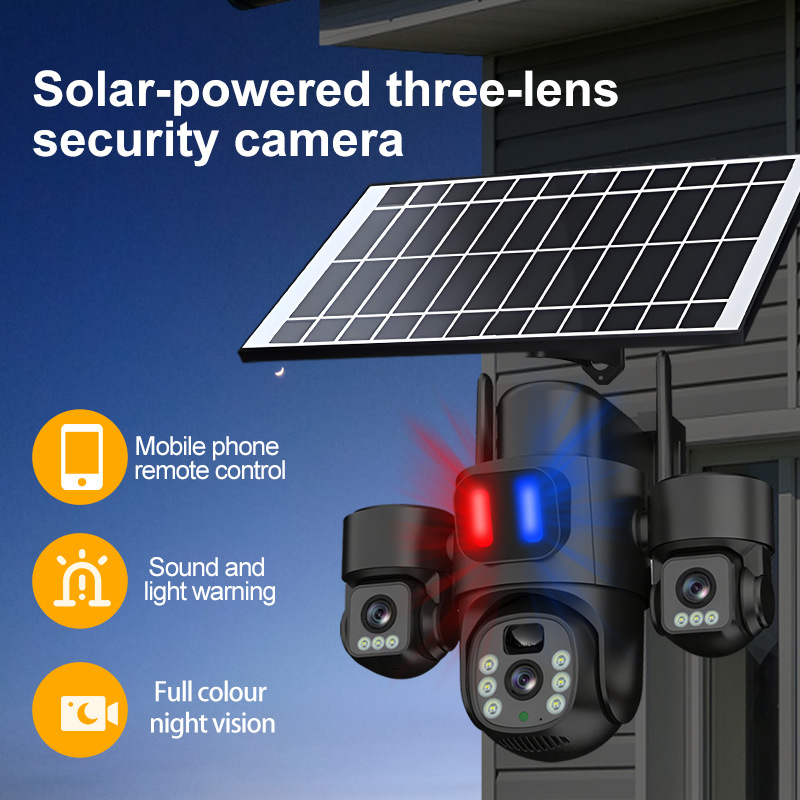 Cross-border exclusive three-screen three-lens rotating surveillance camera with no blind spots, solar-powered surveillance camera, outdoor waterproof details Picture