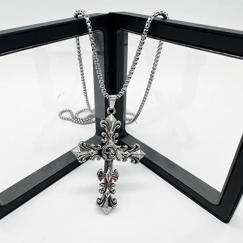 Factory wholesale and direct sales of new retro European and American cross flower pendant, cross men's personalized titanium steel necklace details Picture
