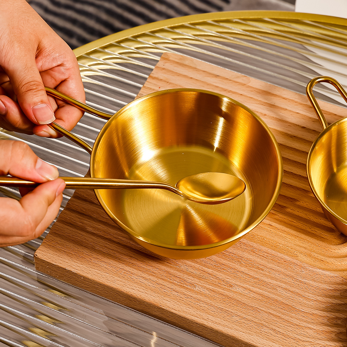 Korean Gold Rice Wine Bowl 304 Stainless Steel Bowl With Handle Snack Bowl Special Bowl For Korean Restaurant Seasoning Bowl Application Scenario