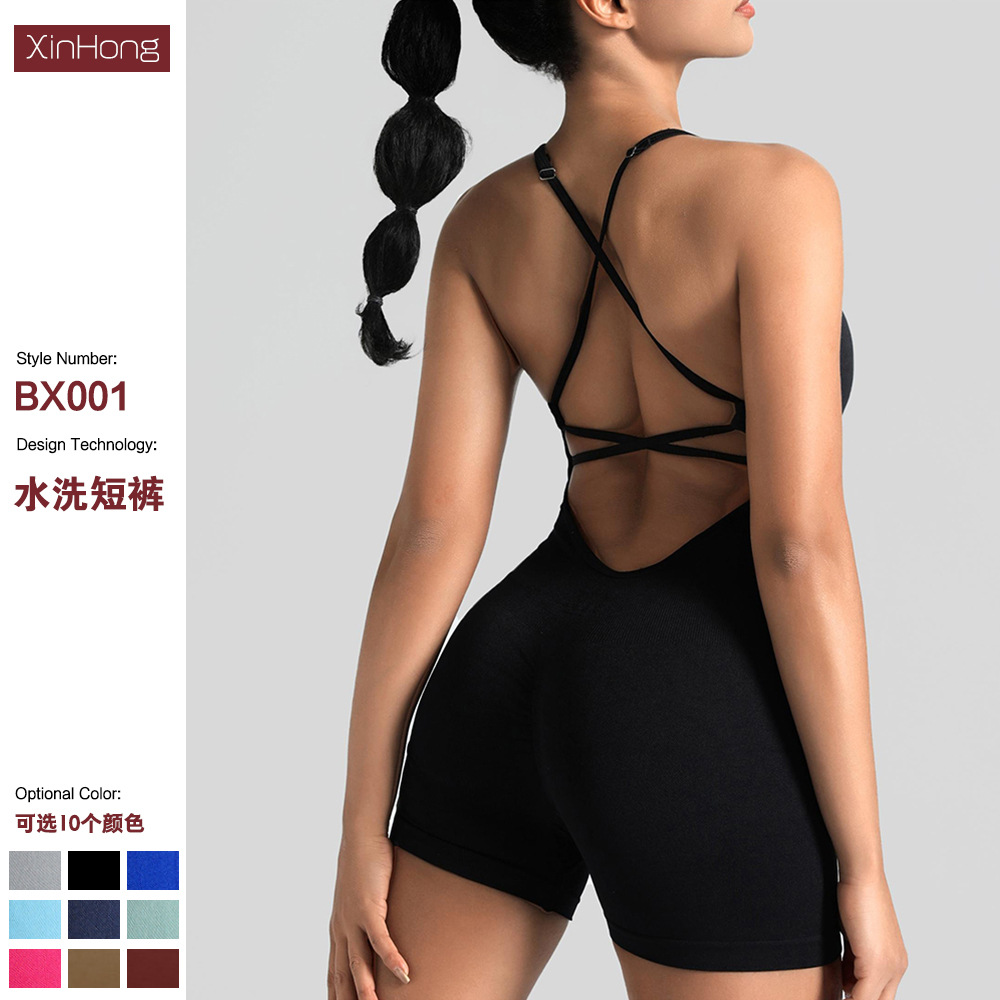 欧美无缝连体瑜伽服户外美背运动内衣蜜桃臀健身服吊带连体紧身衣