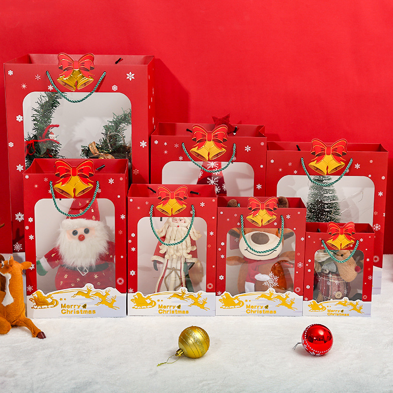 新款圣诞礼品袋烫金开窗纸袋苹果透明礼物袋礼盒包装平安夜手提袋