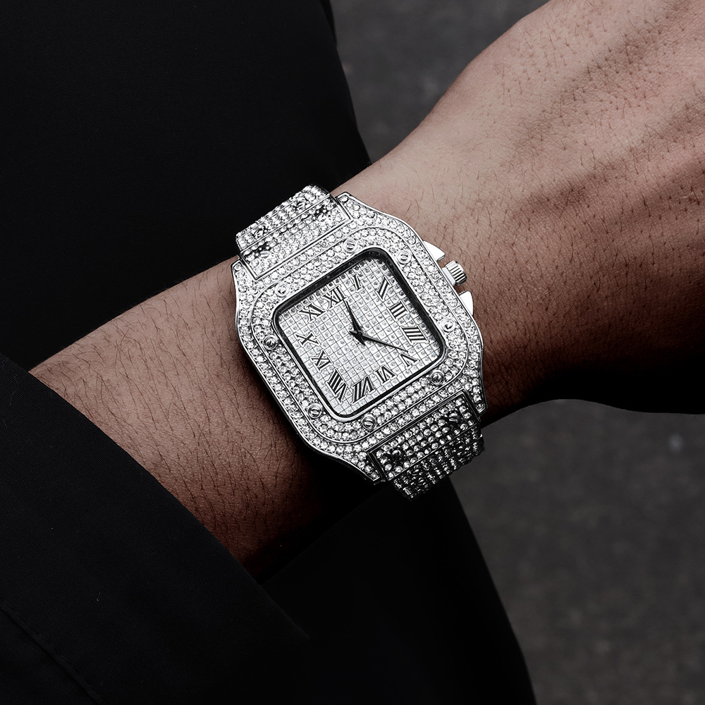 Moda de lujo hip hop cuadrado romano con diamantes diamantes correa de acero reloj de cuarzo + pulsera de diamantes de hip hop oval Specification image