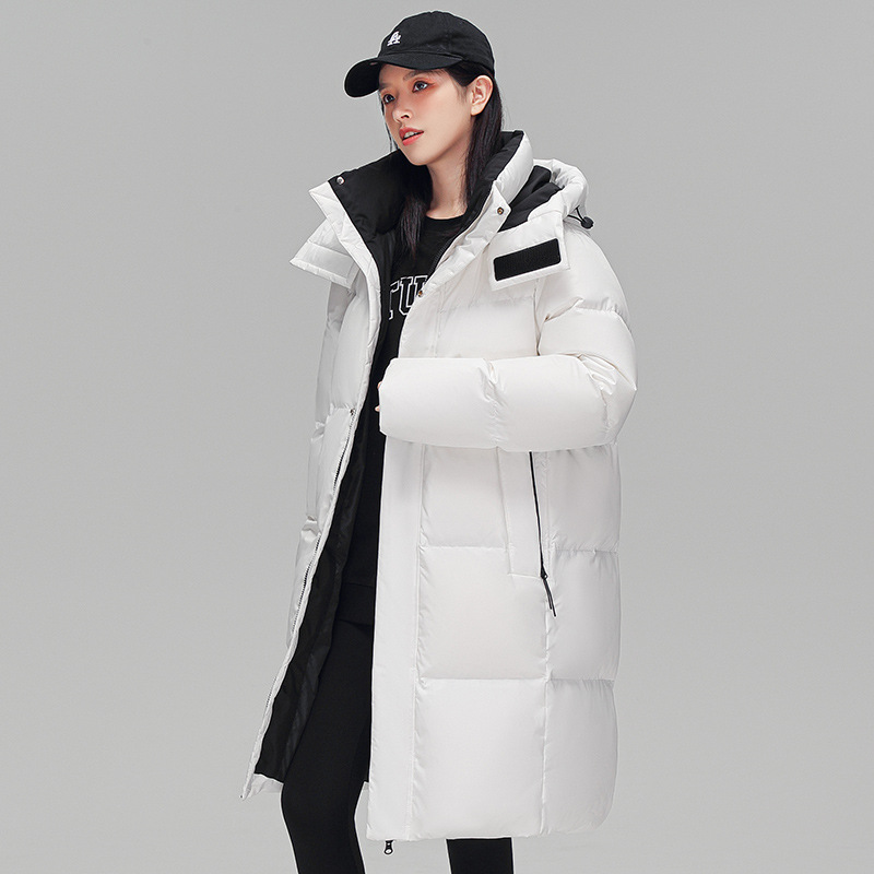 2022 new winter couple's wear: Mid-length down jacket, casual solid color thickened white duck down warm hooded jacket Application Scenario