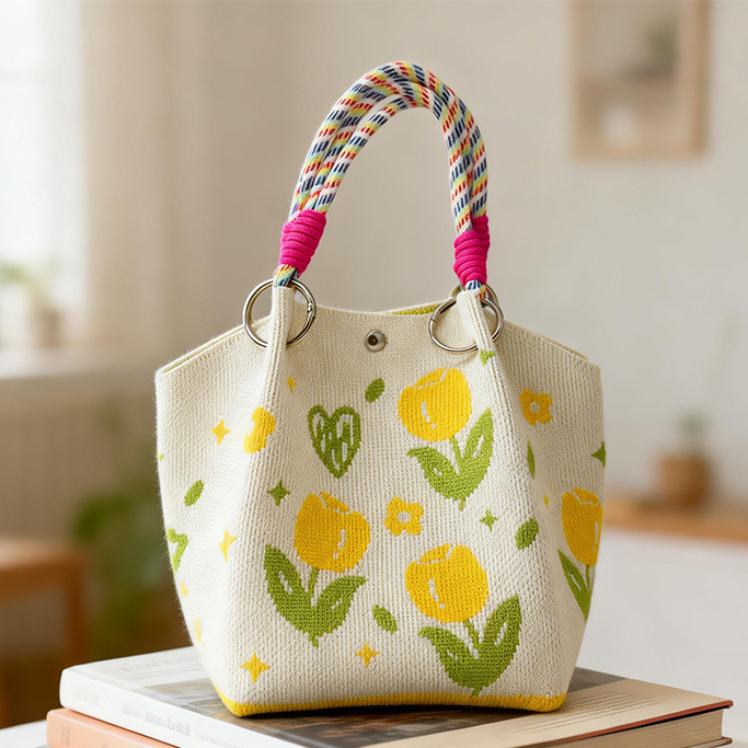 Factory direct sales cross-border new flower-knitted bucket bag as a souvenir gift bag, eco-friendly hand-held knitted bag for teachers, bucket bag for street vending, retail and wholesale, popular student small bag, fresh and artistic style, versatile crossbody bag for girls