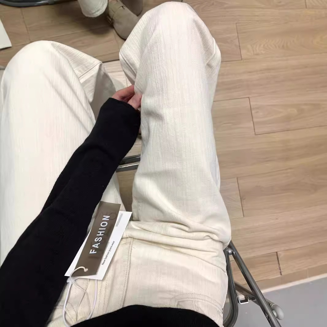 Light apricot vertical striped narrow straight-leg jeans for women, new spring and autumn style, a niche high-waisted, slimming wide-leg floor-length pants