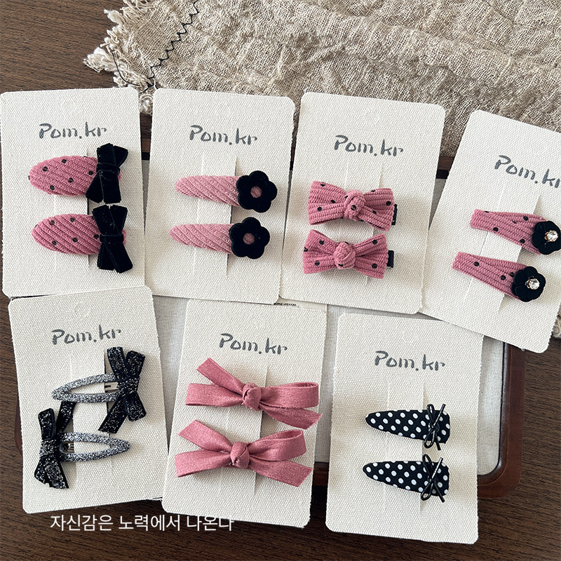 Korean children's black and pink polka dot fabric bow duckbill clip, simple girl corduroy fringe clip, edge clip for girls