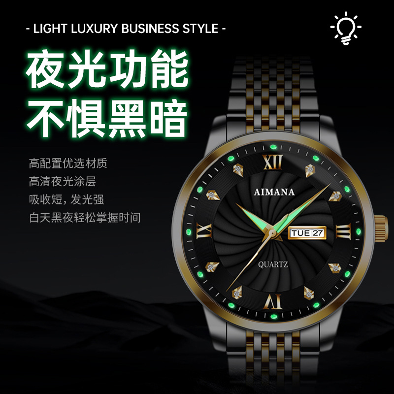 跨境瑞士品牌防水夜光男士手表日历石英腕表抖音直播外贸爆款代发细节图