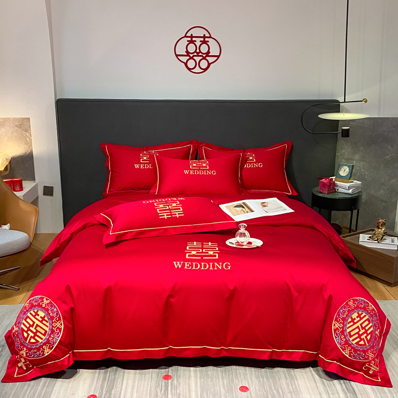 Wholesale of wedding embroidered four-piece set, festive red wedding dowry four-piece set, washed cotton brushed bed sheet and duvet cover