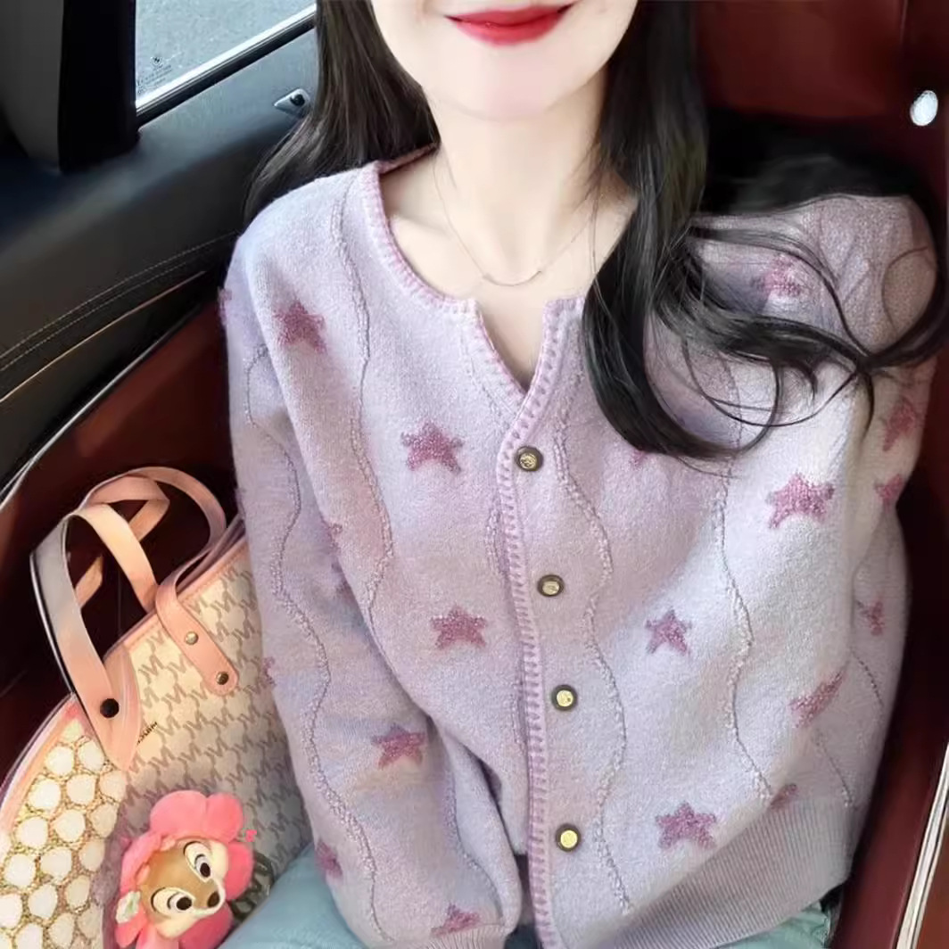 时尚别致圆领长袖小清新五角星提花针织衫女2024春秋新款开衫上衣