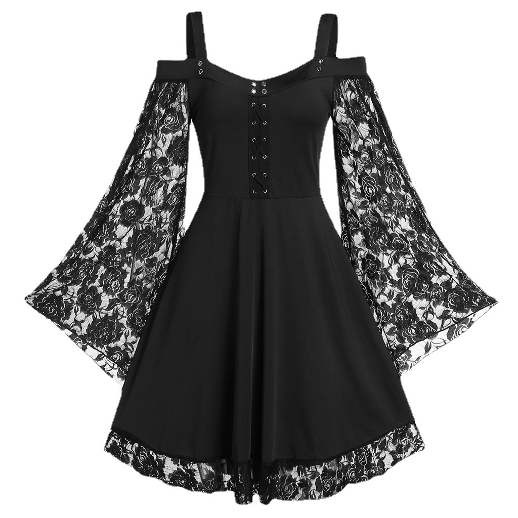 European and American one-shoulder flared sleeve lace patchwork artistic retro dress women's casual dress one-piece delivery Item Picture