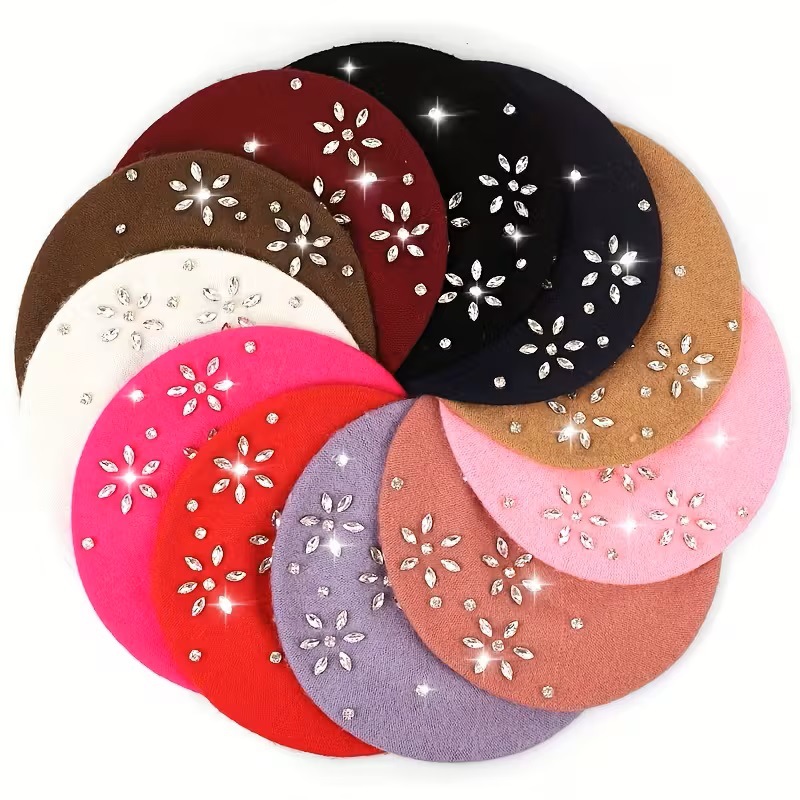 秋冬镶钻羊毛贝雷帽女韩版保暖时尚八角帽英伦复古韩版画家帽潮详情7