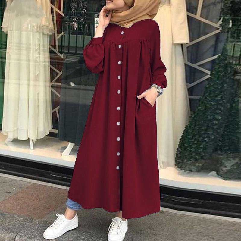 Middle East Women's New Muslim Lapel Casual Button-Up Long Sleeve Shirt Women's Dress Southeast Asia details Picture