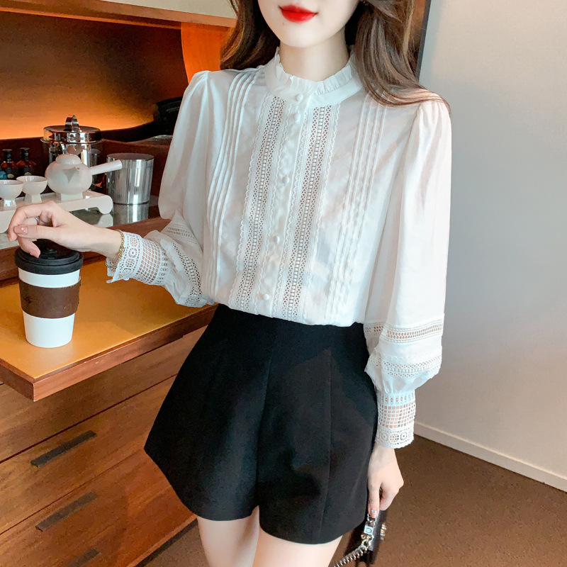 Quality in-stock 2023 autumn new style black ear-trimmed small stand-up collar French lace lantern sleeve shirt Application Scenario