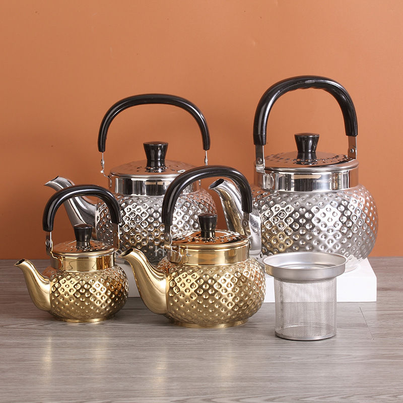 Stainless steel flower teapot, straight teapot, polka dot teapot, restaurant handle tea kettle with filter and handle Application Scenario
