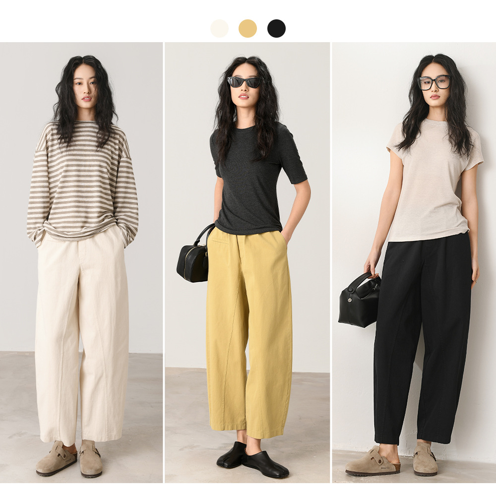 About Sea Spring New Straight-Leg Pants High-Waisted Crisp Texture Sense Tooling Wide-Leg Nine-Minute Grandma Pants Specification drawing