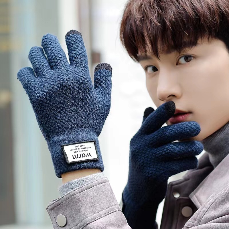 Men's Winter Touch Screen Plus Cashmere Warm Cycling Knitting Students Female Antifreeze Driving Five-Finger Gloves Wholesale Specification drawing