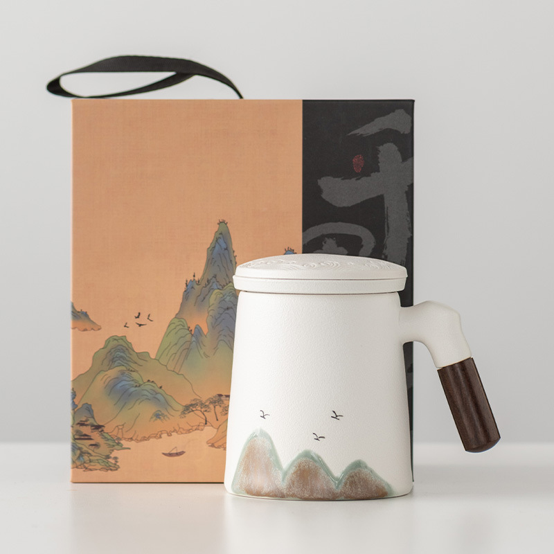 千里江山陶瓷过滤内胆水杯国潮办公杯礼盒商务企业马克杯带盖礼品