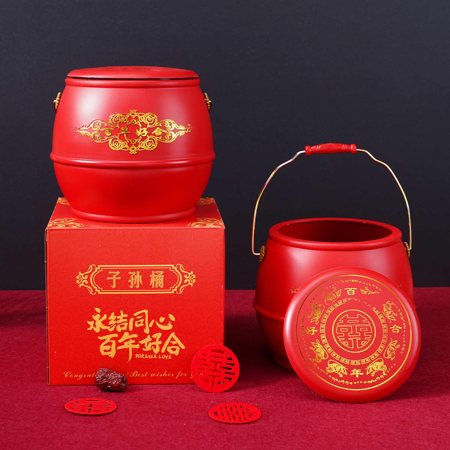 Wedding supplies: Bride's dowry, "Happiness" character, "Descendants bucket", egg, plastic descendants bucket, "Hundred Years of Good Union" descendants bucket details Picture