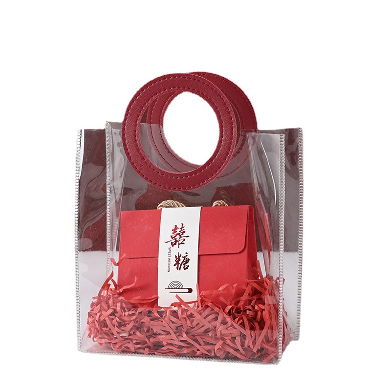 Wow, custom-made PVC transparent round hand-held bag for wedding souvenirs in wine red, plastic gift hand-held bag Item Picture