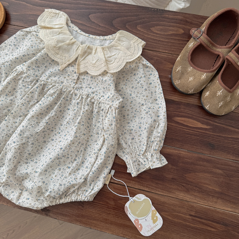 Baby lace collar one-piece dress for spring and autumn, Korean floral long-sleeved cover dress, crawling suit, baby's one-piece dress for going out Specification image
